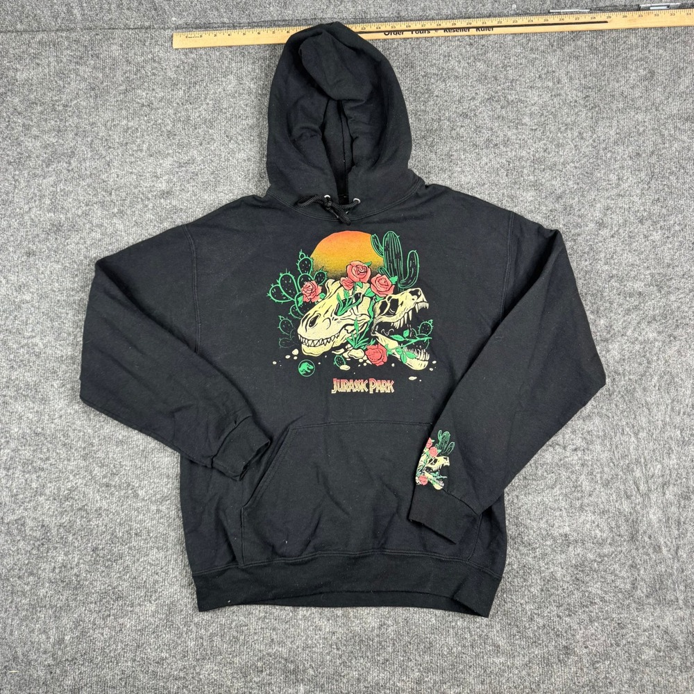Jurassic World Hoodie Mens Size M Black Graphic T-Rex Skull Roses Cactus